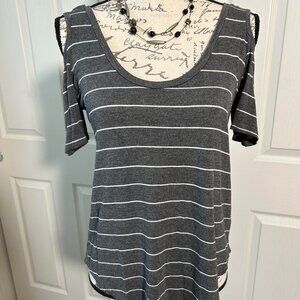 Women's Grey with White Striped Short-Sleeved Cold Shoulder Top